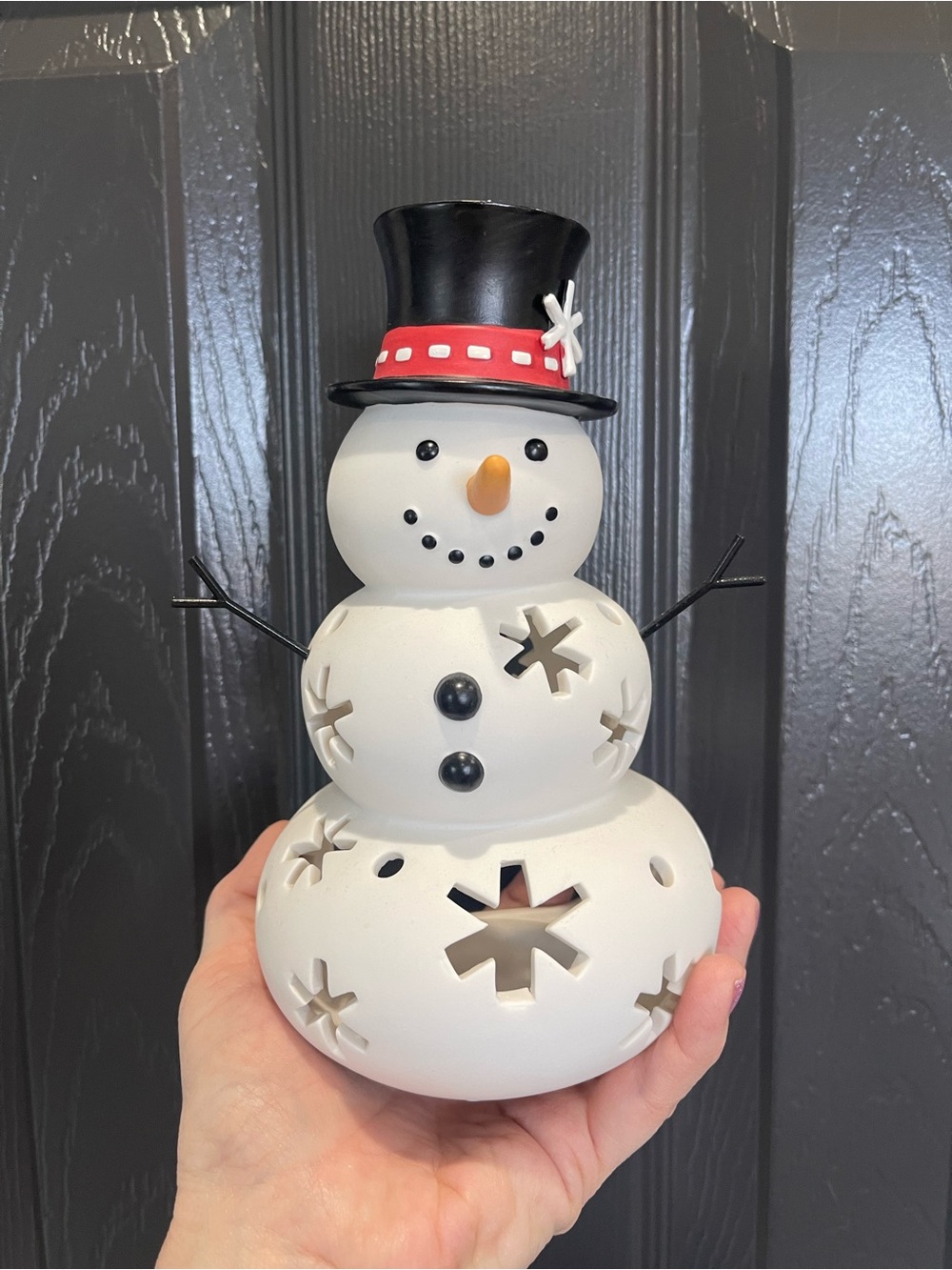 PartyLite White Snowman Figurine with Black Top Hat and Red Band - Retired
